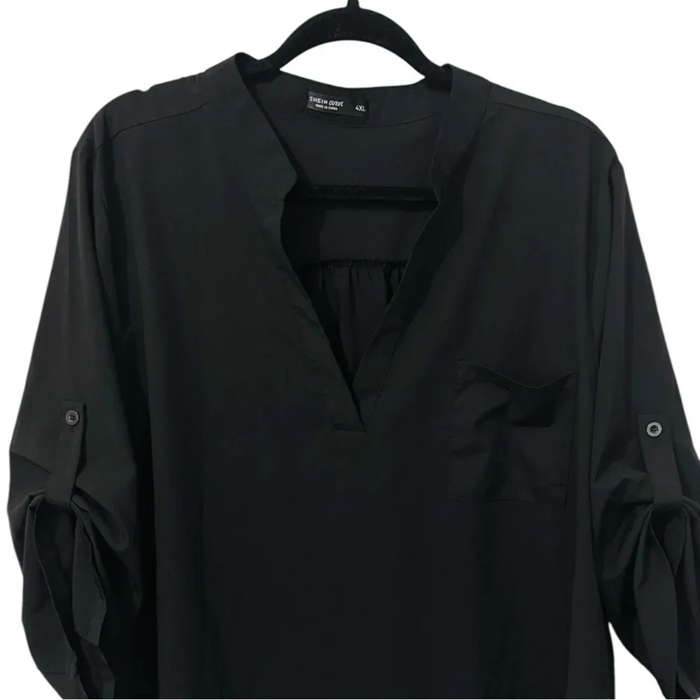 SHEIN Curve Women's V-Neck Tunic Blouse Roll Tab Sleeves Casual (4XL) Black